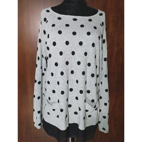 Allie & Rob Grey Black Polka Dot‎ Pockets Sheer Hem Button Design Sweater Size L - Picture 1 of 6